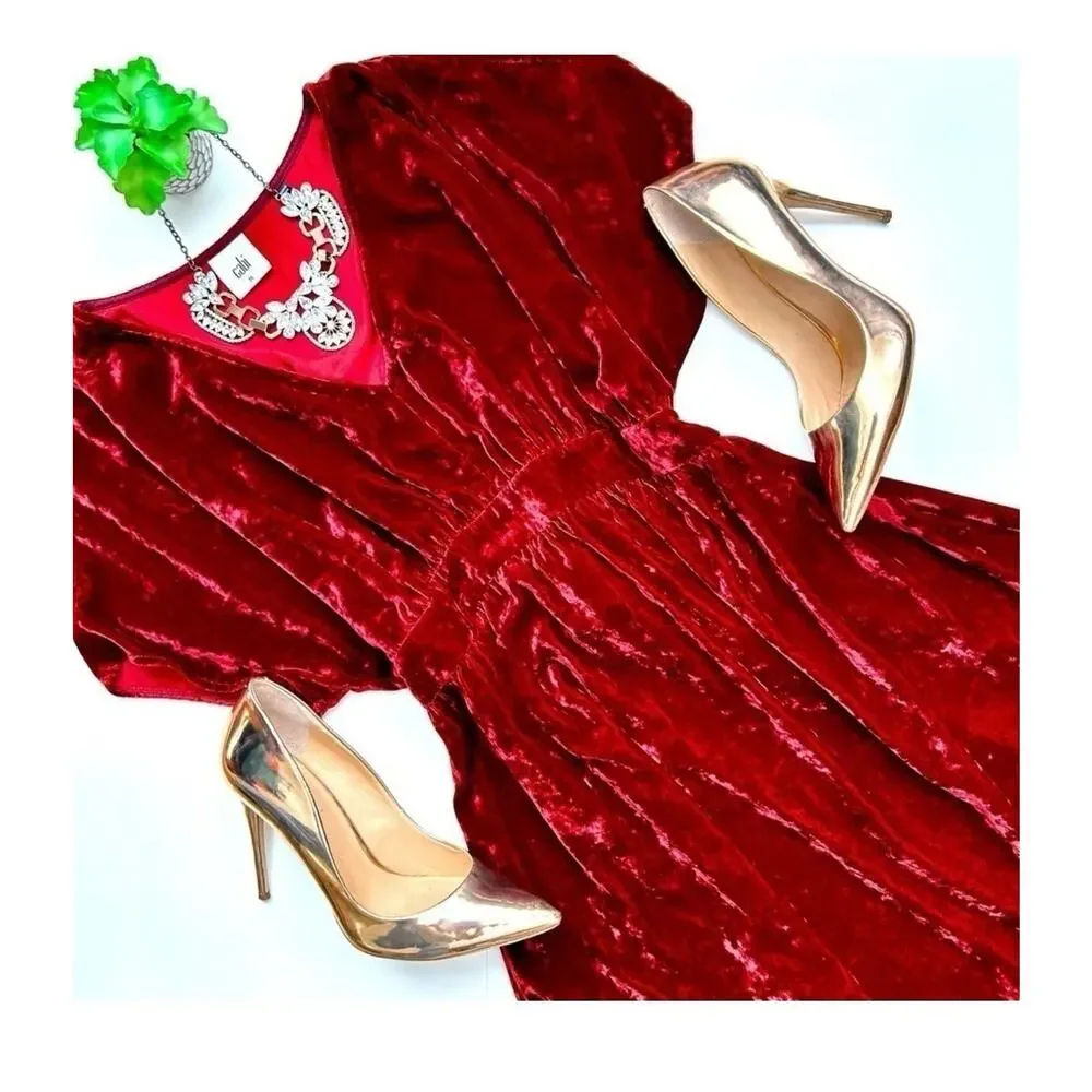 Cabi #3696 Grace Velvet Midi‎ Dress Women S Dark Red Empire Waist High Low